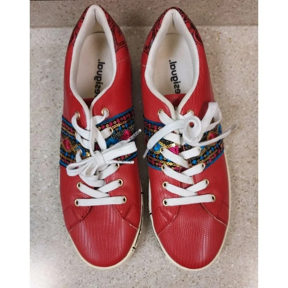Desigual Rojo Roja Exotic Indian Red Sneakers Love Print US 10 UK 7 Boho - Picture 2 of 9